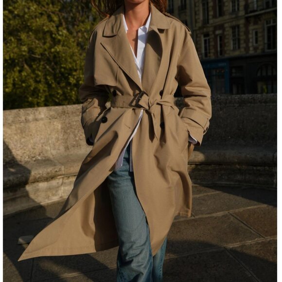 ZARA Light Camel Long Double-breasted Trench Coat With Belt - Picture 2 of 12